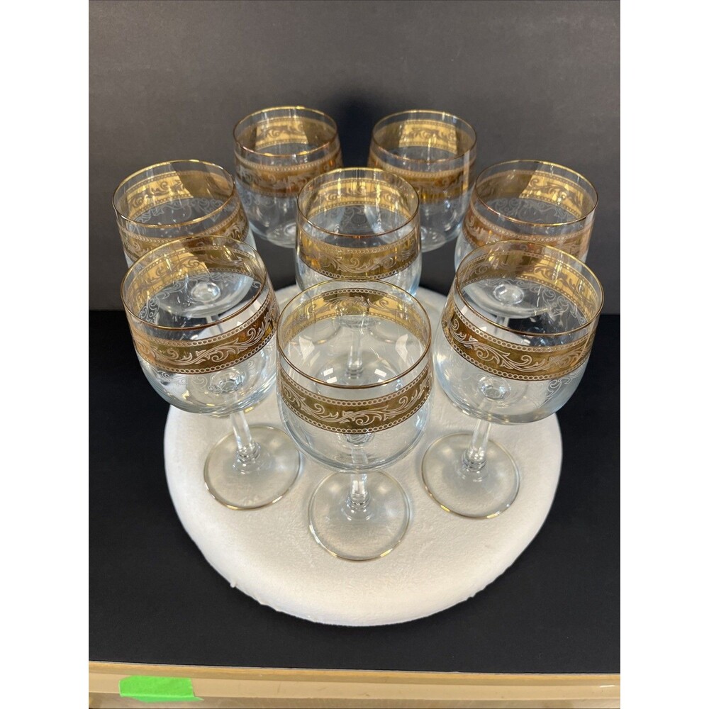 Vintage Stolzle Crystal Wine Goblet Glasses Gold Trim and White Band, Set of 8